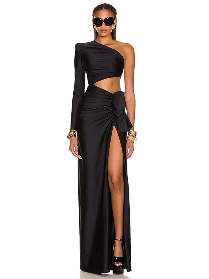 Sexy One Shoulder Long Sleeve Hollow out Long Dress Elegant Black Inclined Shoulder High Split Draped Maxi Dress Party Evening 240808
