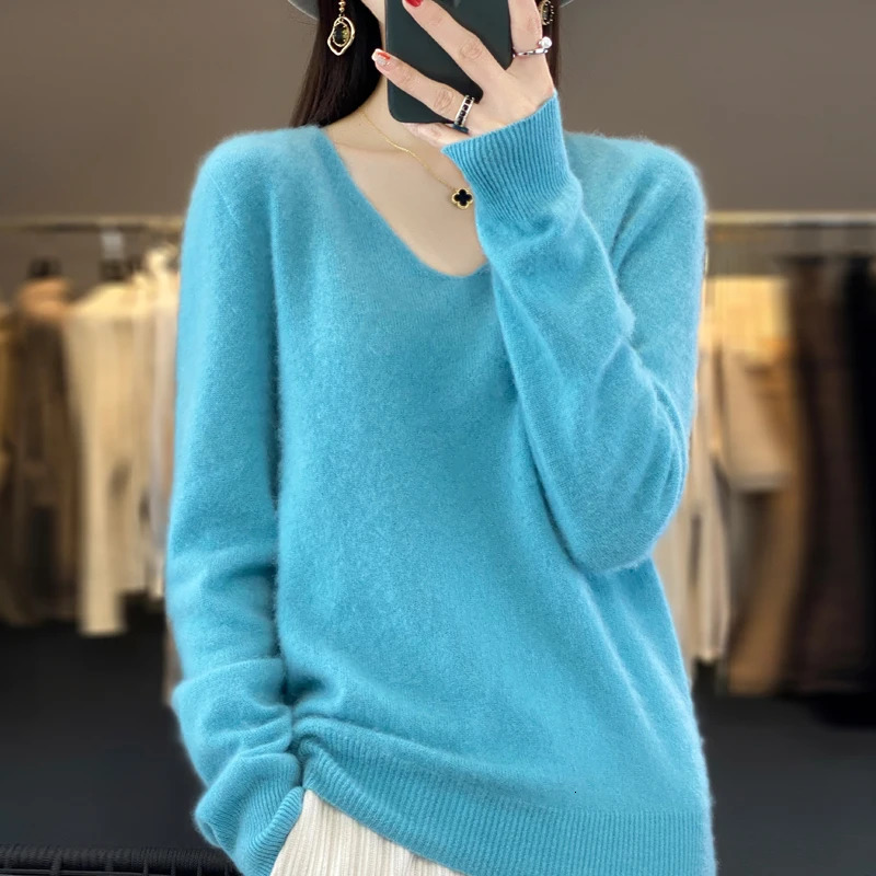 100% pure wool autumn and winter cashmere sweater womens V-neck pullover fashion solid color long sleeve pullover 240808