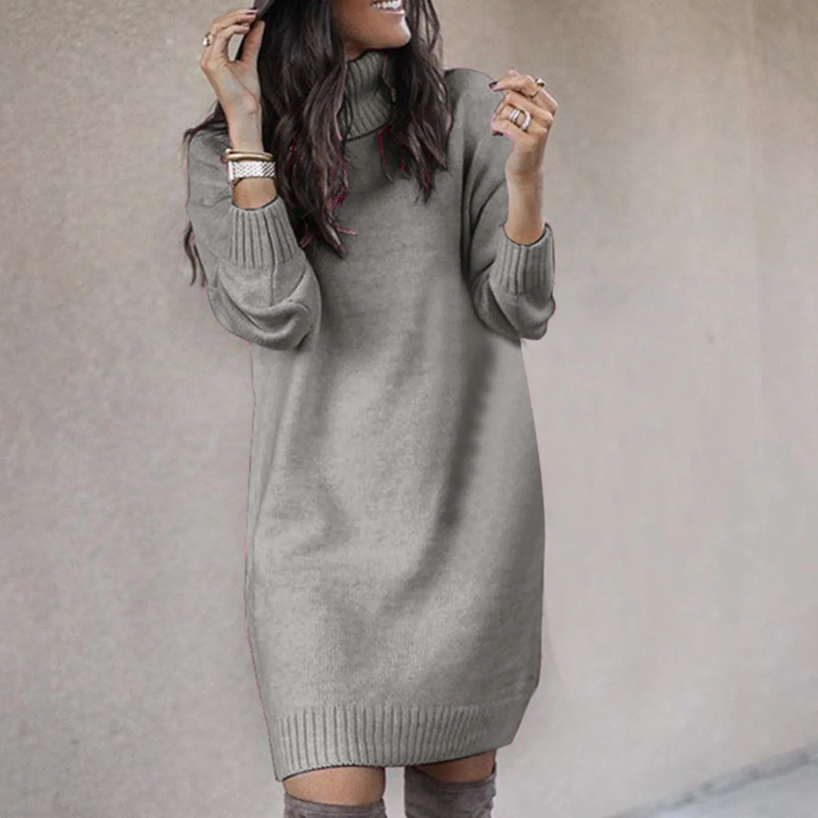 Femmes Hiver Poulain Vobe Robe à la longueur du genou Femmes Long Manchard Automne Coutre à colonne chaude Robe de pull décontracté tricoté 24080