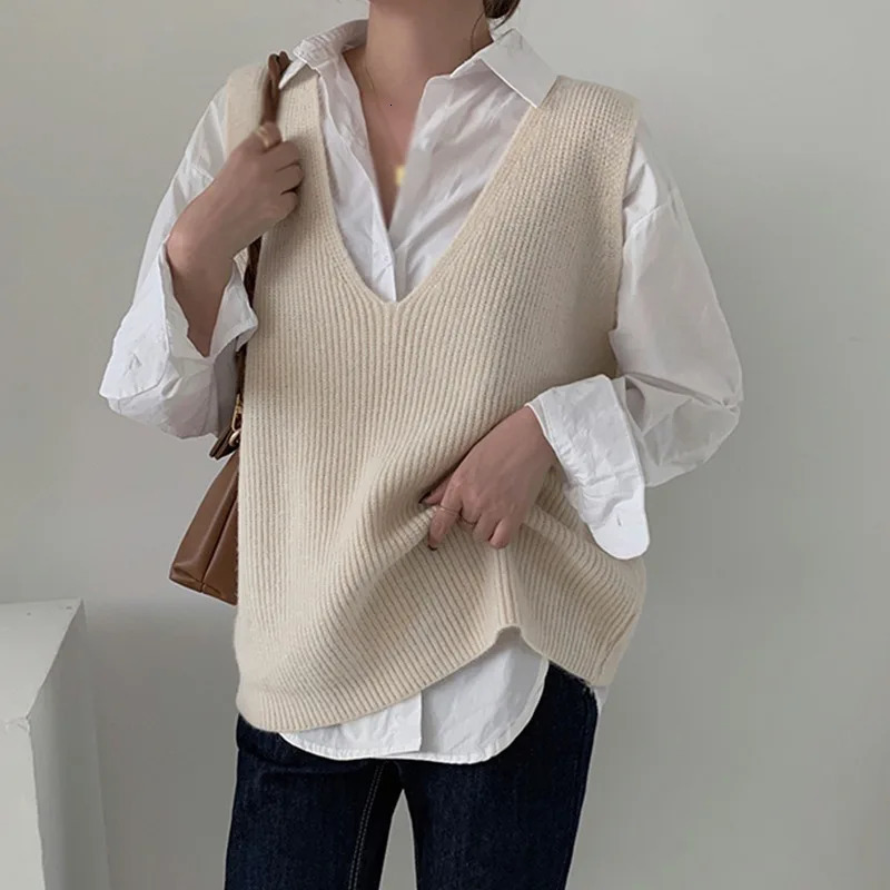 Womens Sweater Vest Sleeveless Knitting V-neck Loose Casual Office Ladies Autumn Female Sweater Vest 240808