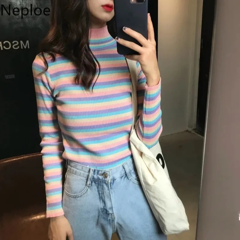 Neploe Rainbow Striped Sweater Y2K Cropped Tops Turtleneck Long Sleeve Pullover Women Sweaters Korean Patchwork Clothes Pull 240808
