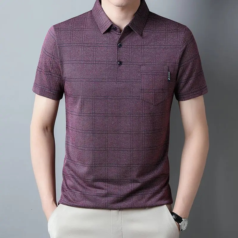 Summer mens short sleeved zipper pocket striped plain solid button T-shirt casual formal lapel top240807
