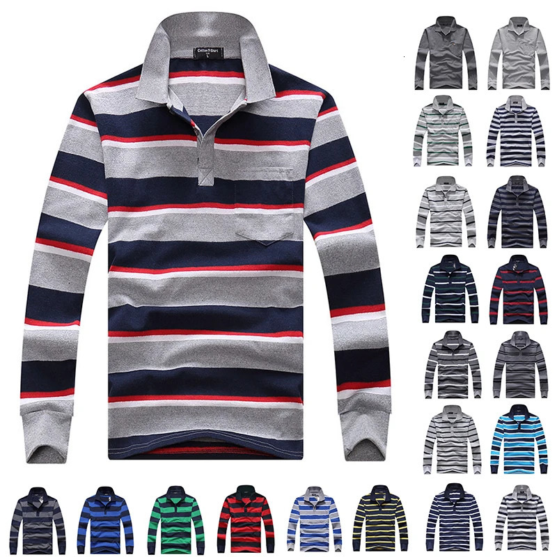 Coton Polo Mens Long Mens Mens Polo Polo Spring and Automne Striped Mens Polo Robe Classic Business Père Gift Direct 240807