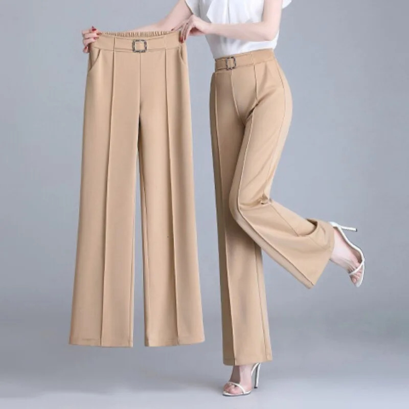 Spring Summer Thin Ice Silk Wide Leg Pants Women Solid Elastic High Waist Pockets Loose Straight Versatile Cropped Trousers 240808