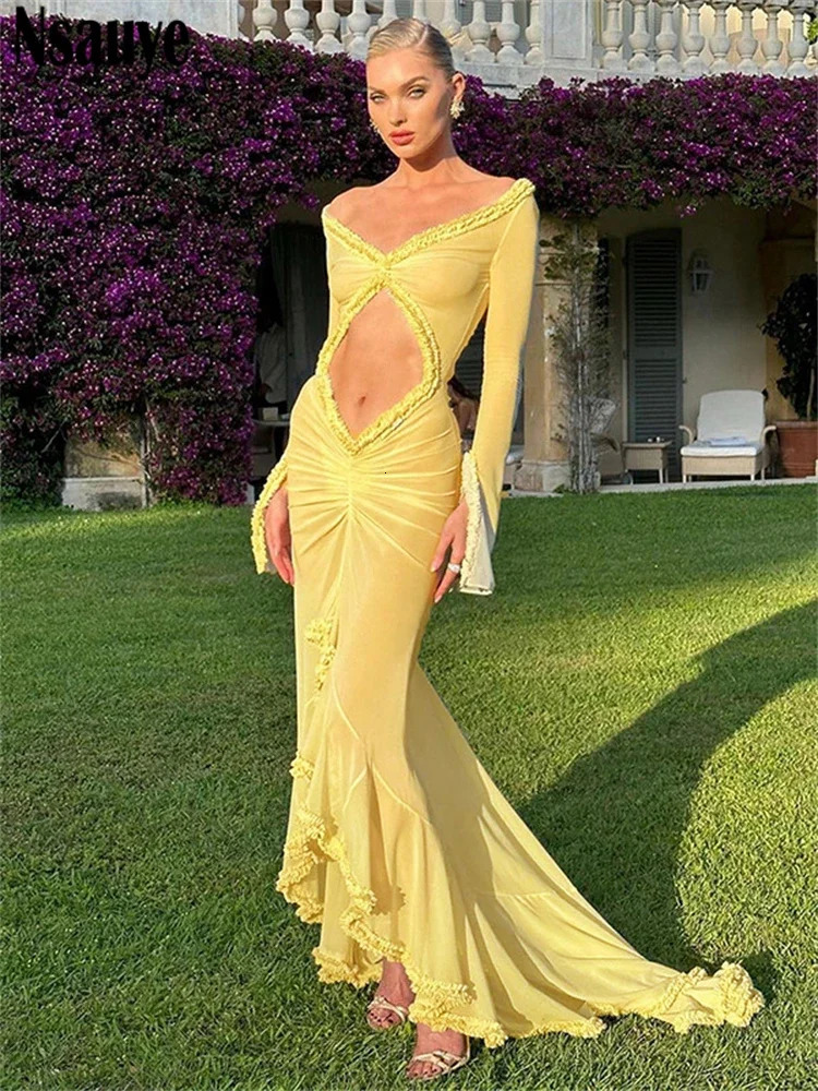 Nsauye robe sexy de la plage d'été femmes manches longues maille ruched ruffles maxi wrap coupé le club de fête mode élégante robe 240808