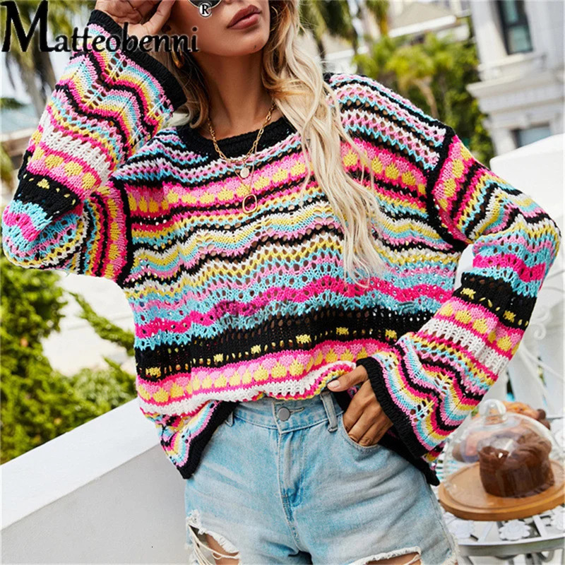 Autumn Winter Women Patchwork loose Inter-Color Rainbow O Neck Striped Print Sweater Ladies Fashion Casual knitting Sweater 240808