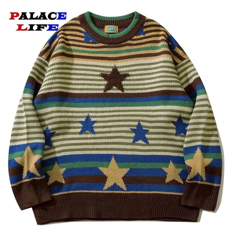 Harajuku retro striped sweater mens star shaped pleated ultrafine knitted autumn and winter street clothing couple set unisex 240807