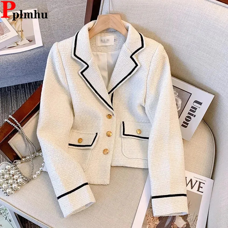 Corée des blazers en laine en tweed slim chaquetas collier simple coffre élégant rétro décontracté jaqueta casaco womens fashion tank top coat240