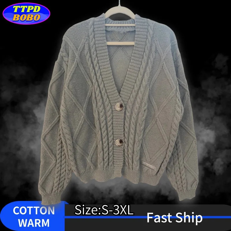 Autumn Knitted V-neck Long Sleeve Womens Grey Cardigans Winter Keep Warm Sweater Coat Fashion Solid Casual Tops 240808