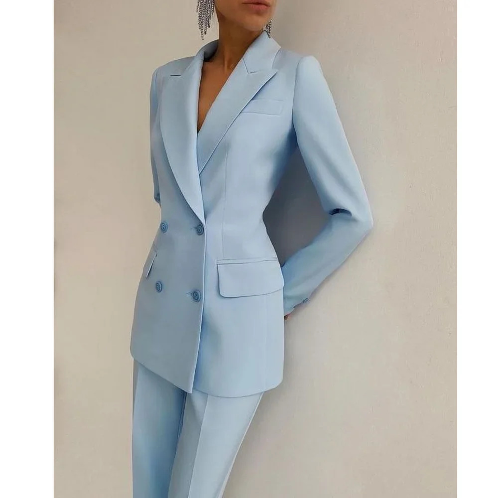 High end Sky Blue womens set slim and fashionable collar double chest pants casual office jacket with pencil 240807