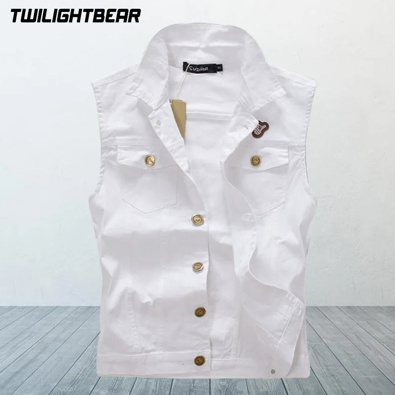 Mens denim vest white casual sleeveless jacket oversized 4XL street clothing retro hole washed mens A2F806 240807