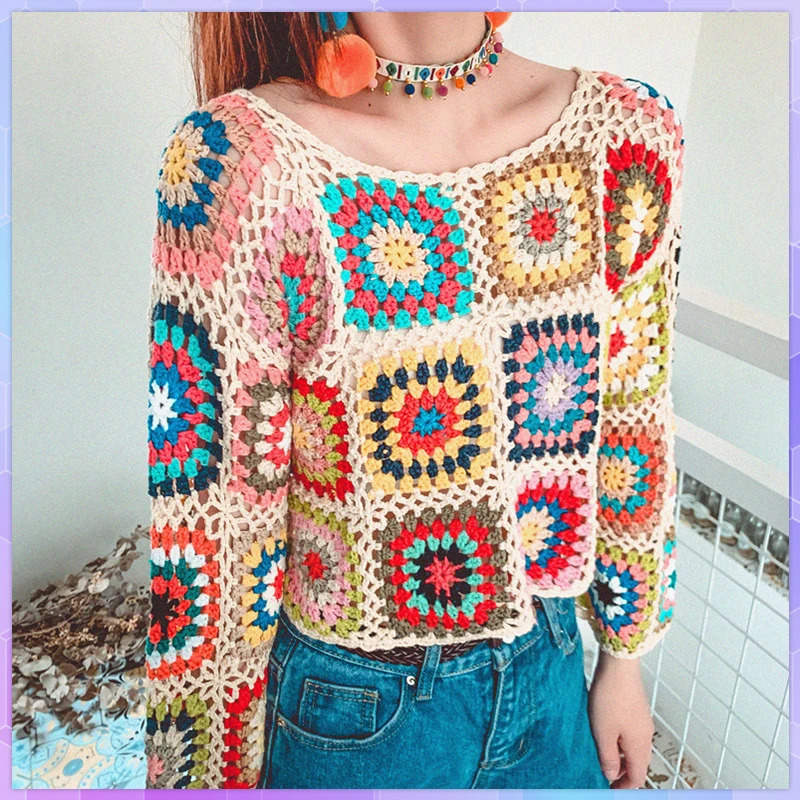 Pull pour femmes Boho rétro vintage coloré sur les dessus de crochet à manches longues à manches longues en tricot tricoté pulls recadrés 240808