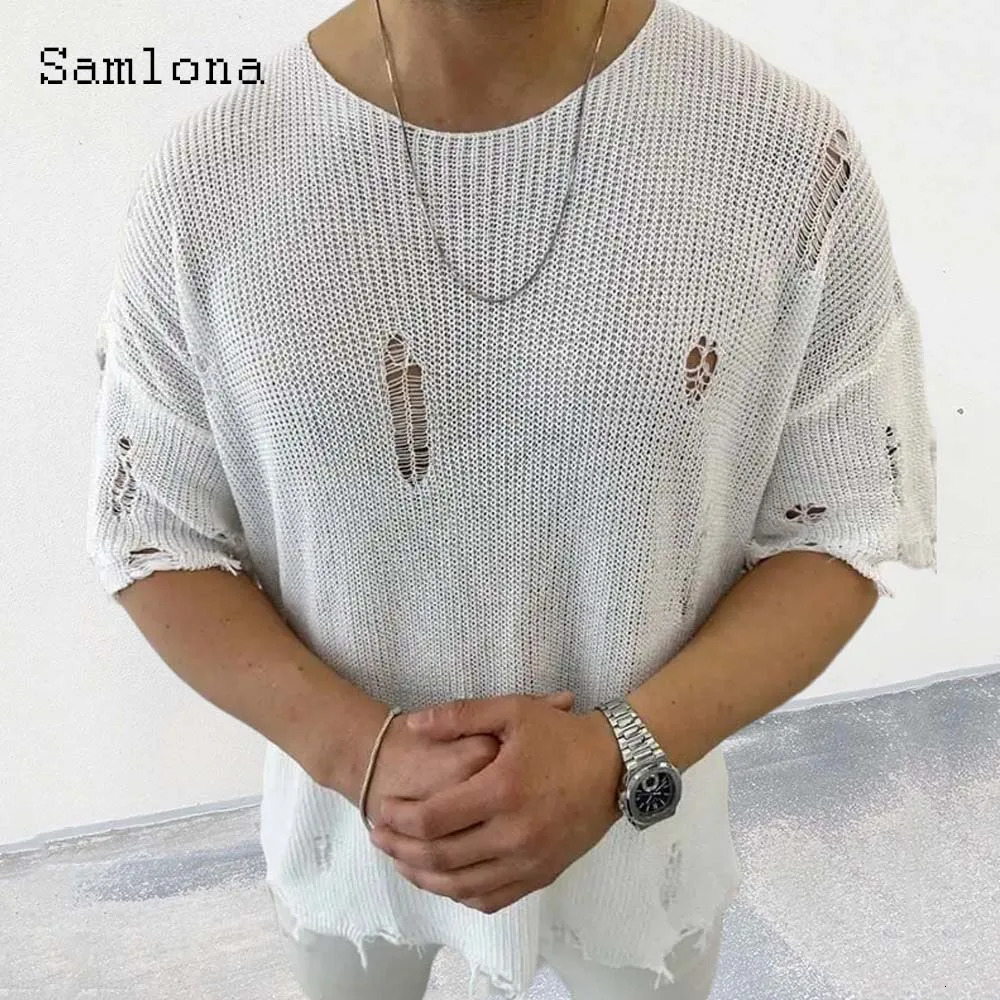 Mens round neck knitted sweater mens open sewing retro tight jumper 2023 sexy ripped top floral casual beach 240807
