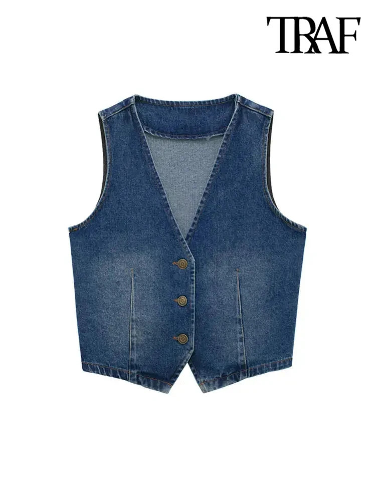 TRAF-Womens Sleeveless Front Button Denim Waistcoat Female Outerwear Chic Vest Tops Fashion 240808