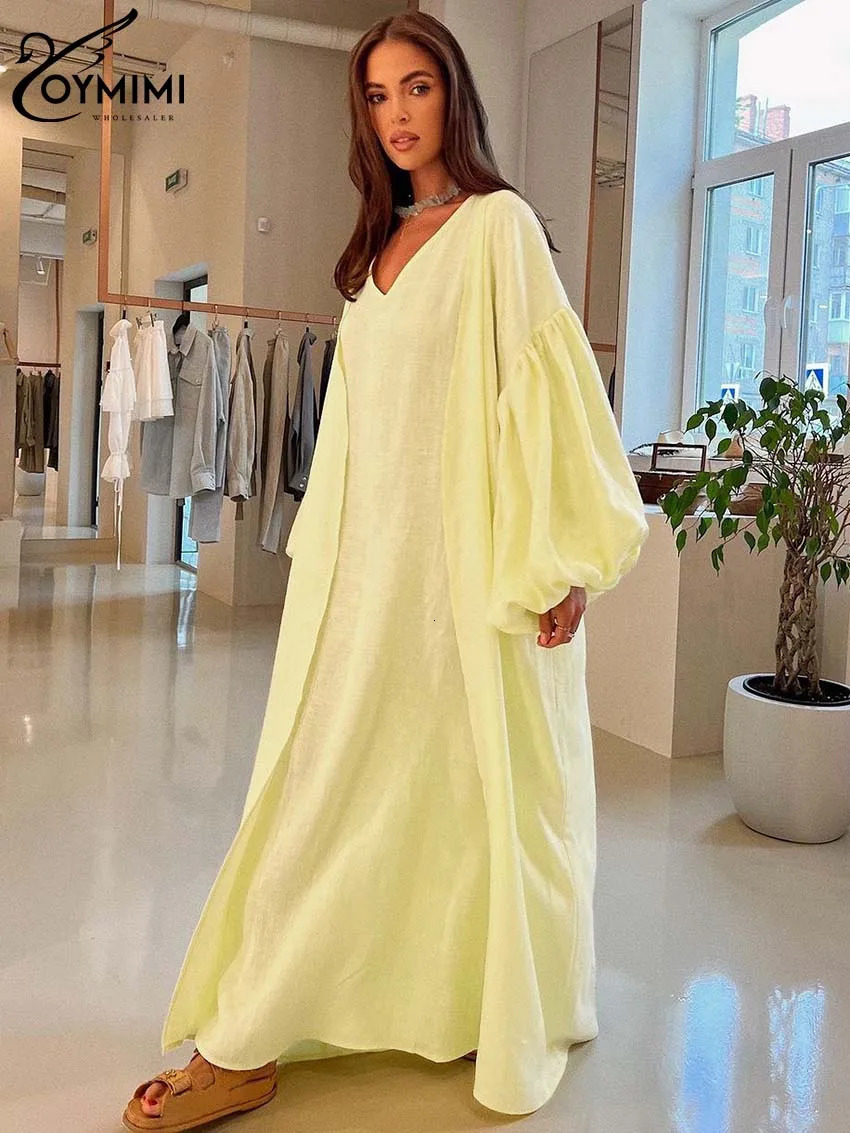 Oymimi Elegant Yellow Cotton Hemp 2 Pc Sets Womens Outfits Casual Puff Sleeve Robe And V-Neck Sleeveless Floor-Length Dress Sets 240808