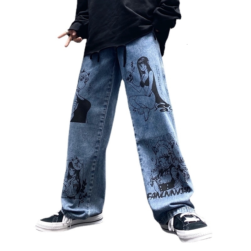 Washed Jeans Retro Harajuku Anime Cartoon Printed Mens Loose Street Clothing Hip Hop Trendy Fashion Wide Leg Pants 240807