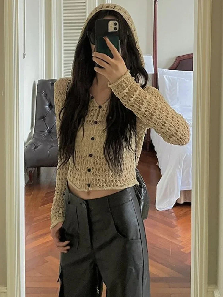 Grunge Thin Hollow Out Vintage Sexy Cardigan Coats Hooded All Match Knitted Sweaters Y2k Women Fashion Casual Crop Tops 240808