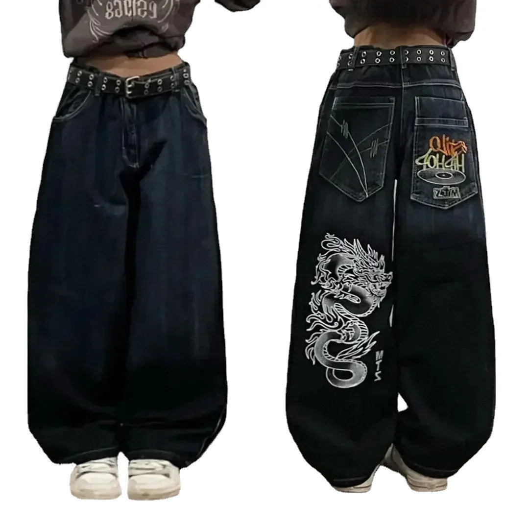 JNCO street jeans retro hiphop dragon big pockets baggy womens Y2K Harajuku Gothic rock wideleg pants wide trousers cd