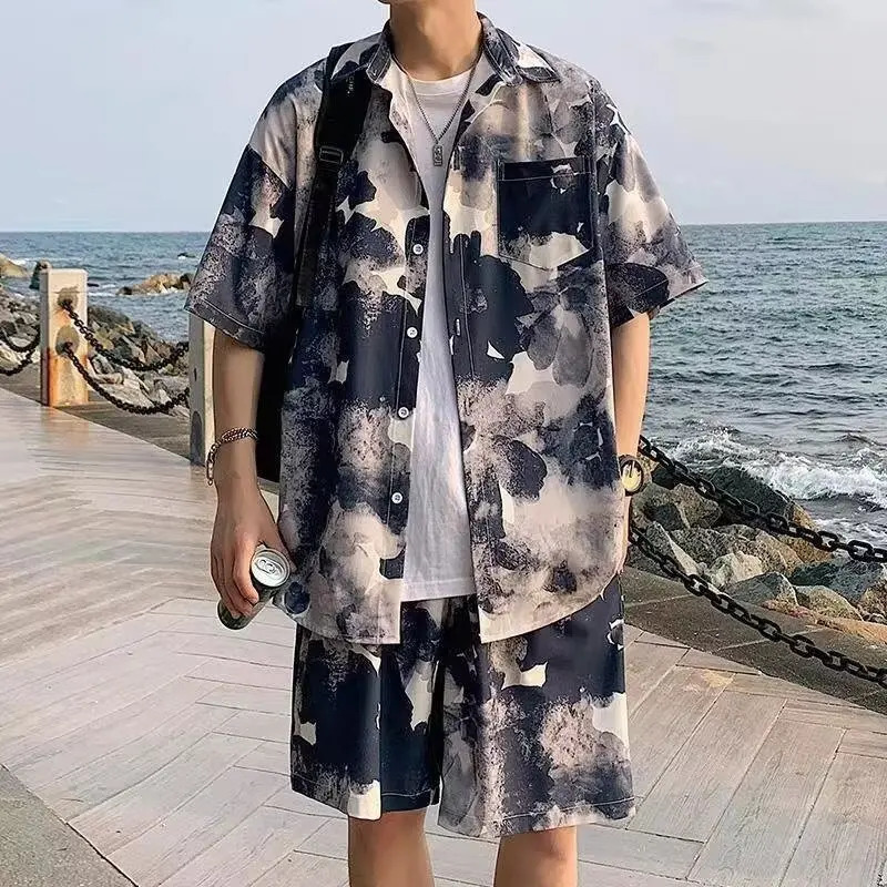 Summer Mens Ice Silk Tracksuits Turn Collar Short Sleeve Shirt And Shorts Two Piece Sets Men Printing Outfits Suits 240808