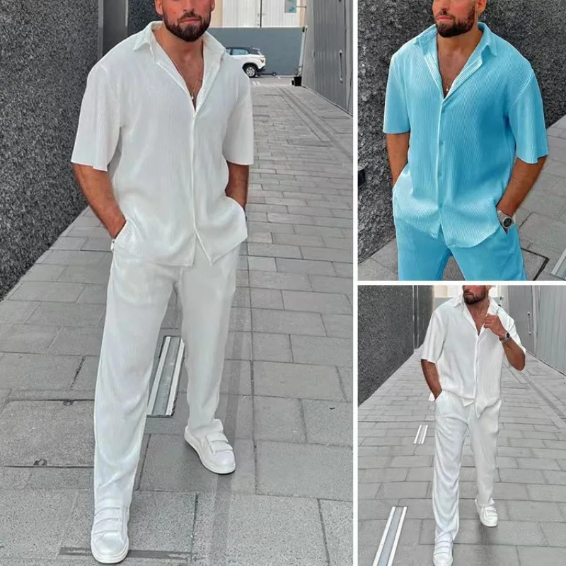 Mens casual loose beach suit solid color striped short sleeved mens shirt twopiece set 240808