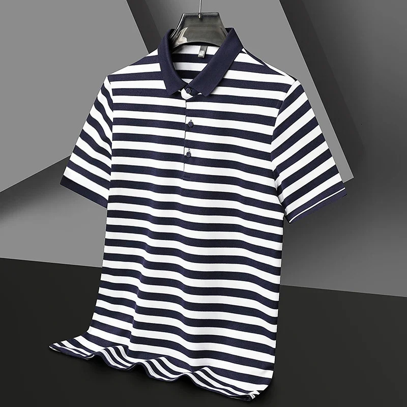 2024 mens striped cotton business casual short sleeved polo shirt fashionable short sleeved comfortable breathable top240807