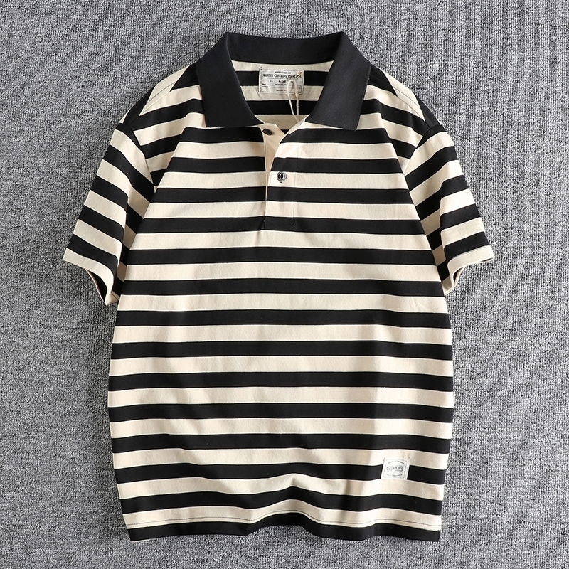 Summer American Retro 230g Short Sleeve Laepl Sailor Striped Polo Shirt Mens Fashion 100 Cotton Washable Heavy duty Tshirt 240807