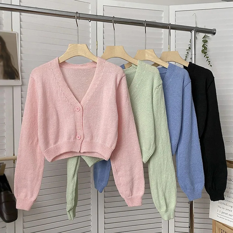 Y2K Femme Cardigan Pull tricoté Cropped coréen Coréen Crop top à manches longues V Cabille de mode Neck 240808