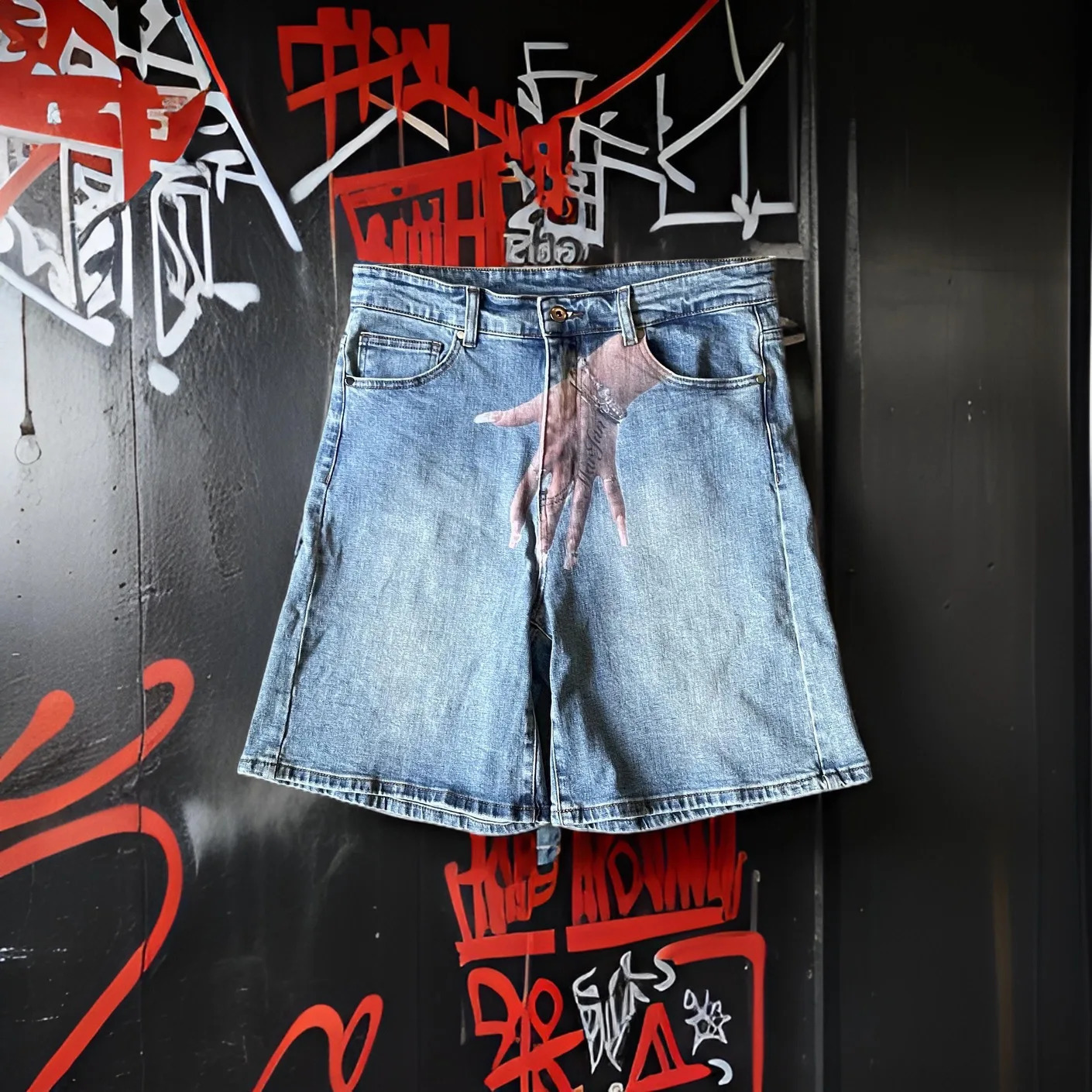Harajuku Y2K short pocket jeans palm print graphic pants mens fashion denim streetwear Gothic sports clothing 240808