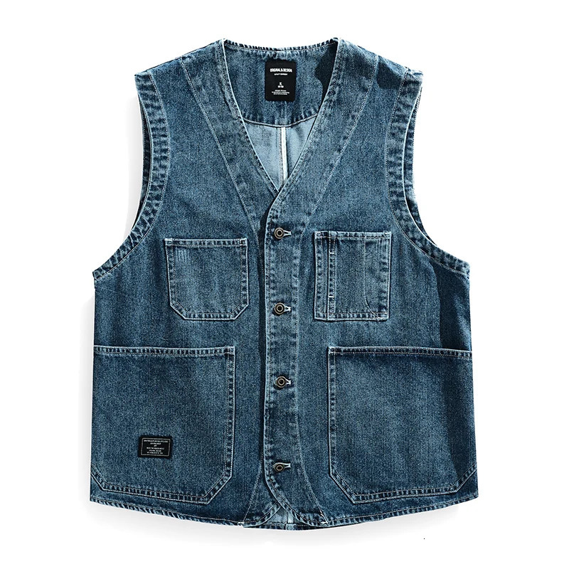American denim workwear vest mens mountain outdoor camping spring and autumn multi pocket jacket Y2K young men retro casual 240807