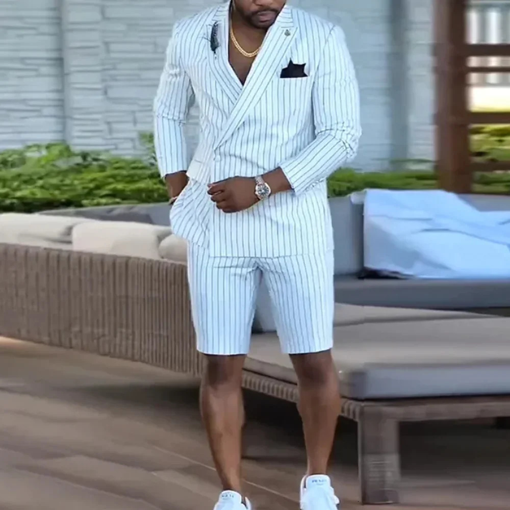 Veste à revers de mode blanche à rayures d'été ensemble pour les affaires et les loisirs robes de soirée de mariage quotidiennes 2 vestes shorts