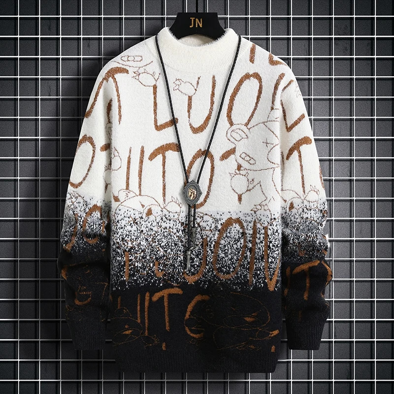 Harajuku Sweater Mens Y2K Knitted Letter Printing Sweater Mens Wool Pullover Mens Retro Knitted Color Block Tops 240808