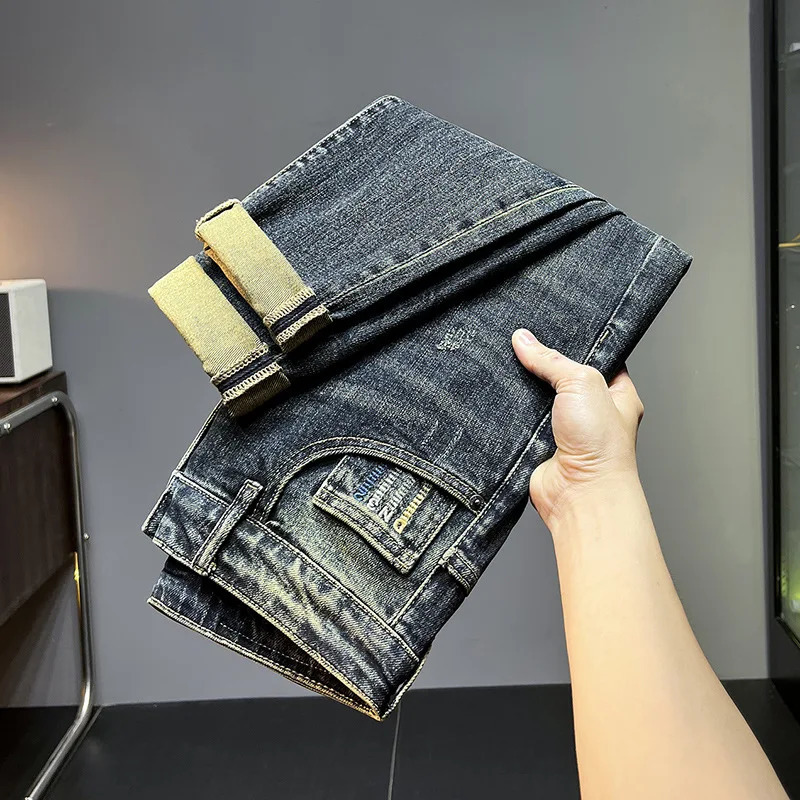 Retro Blue Mens Jeans 2024 AutumnWinter Trend Fashionable Laundry Difficult to Wash Casual Elastic Slimming 240807