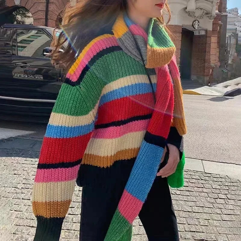 Rainbow Sweater Autumn Winter Women with Scarf Striped Knitted Tops Thick Long Sleeve Loose Jumpers Splice Y2k Pullovers 240808