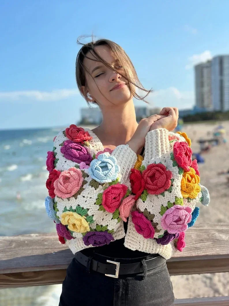 Boho Inspired Crochet ROSE cardigan sweater for women long sleeve cropped sweater hand knitted oversized sweater outwear 240808