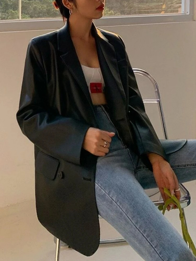 Korean black leather motorcycle jacket retro warm womens loose set pioneer streetwear fashion trend thin bicycle 240807