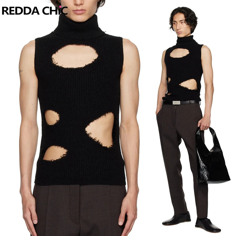 Reddachic Mens Waist Solid Black Collar Sweater Sleeveless Tank Top Tear Hollow Rib Knitted Floral Retro Y2k Dress 240807