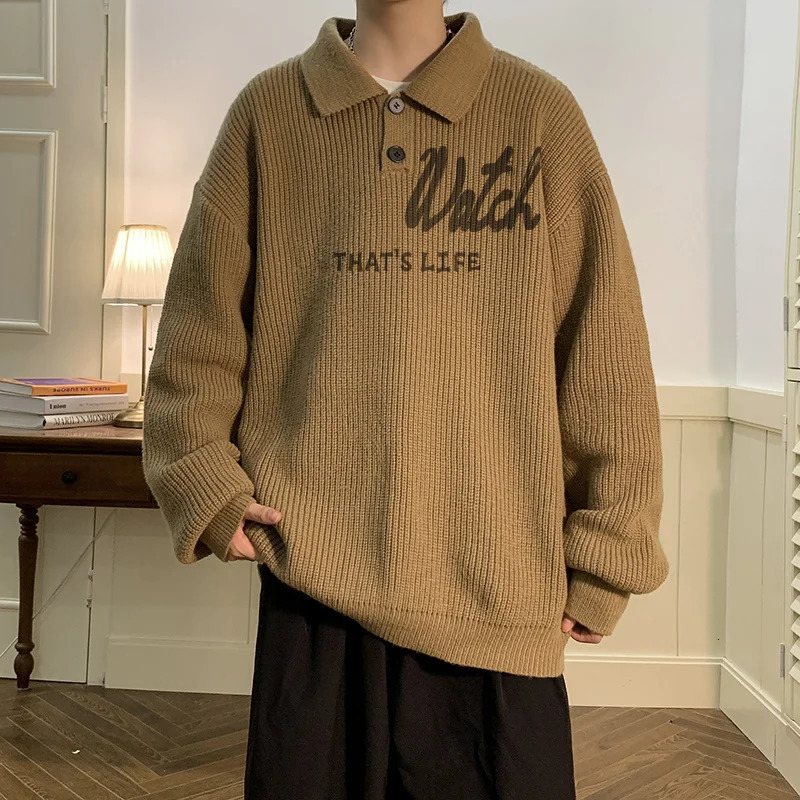 Autumn Goth Letter Printed Mens Polo Sweaters Turndown Collar Buttons Long Sleeve Knitted Sweater Y2K Vintage Pull Homme 240808