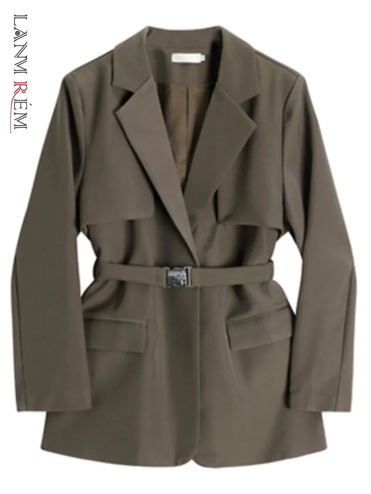LANMREM Fashion Solid Blazers For Women Patchwork Notched Long Sleeves Belt Coat Streetwear Autumn Clothing 2AA1139 240808