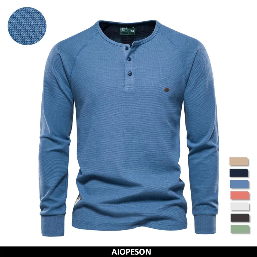 AIOPESON waffle Henry T-shirt mens long sleeved basic breathable mens top T-shirt autumn solid color mens T-shirt240807