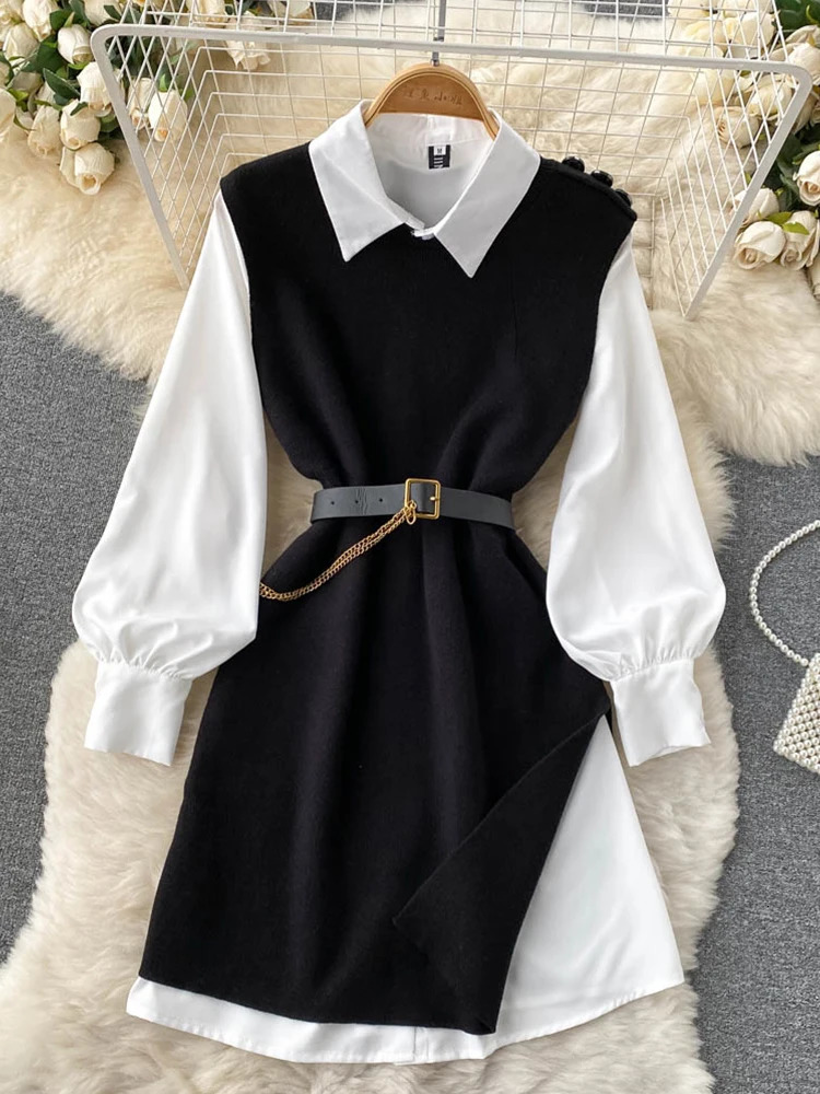 Ftlzz automne d'hiver Femmes en deux pièces Ensembles de chemises à manches bouffantes en collier narclé et robe en tricot sans manches avec des