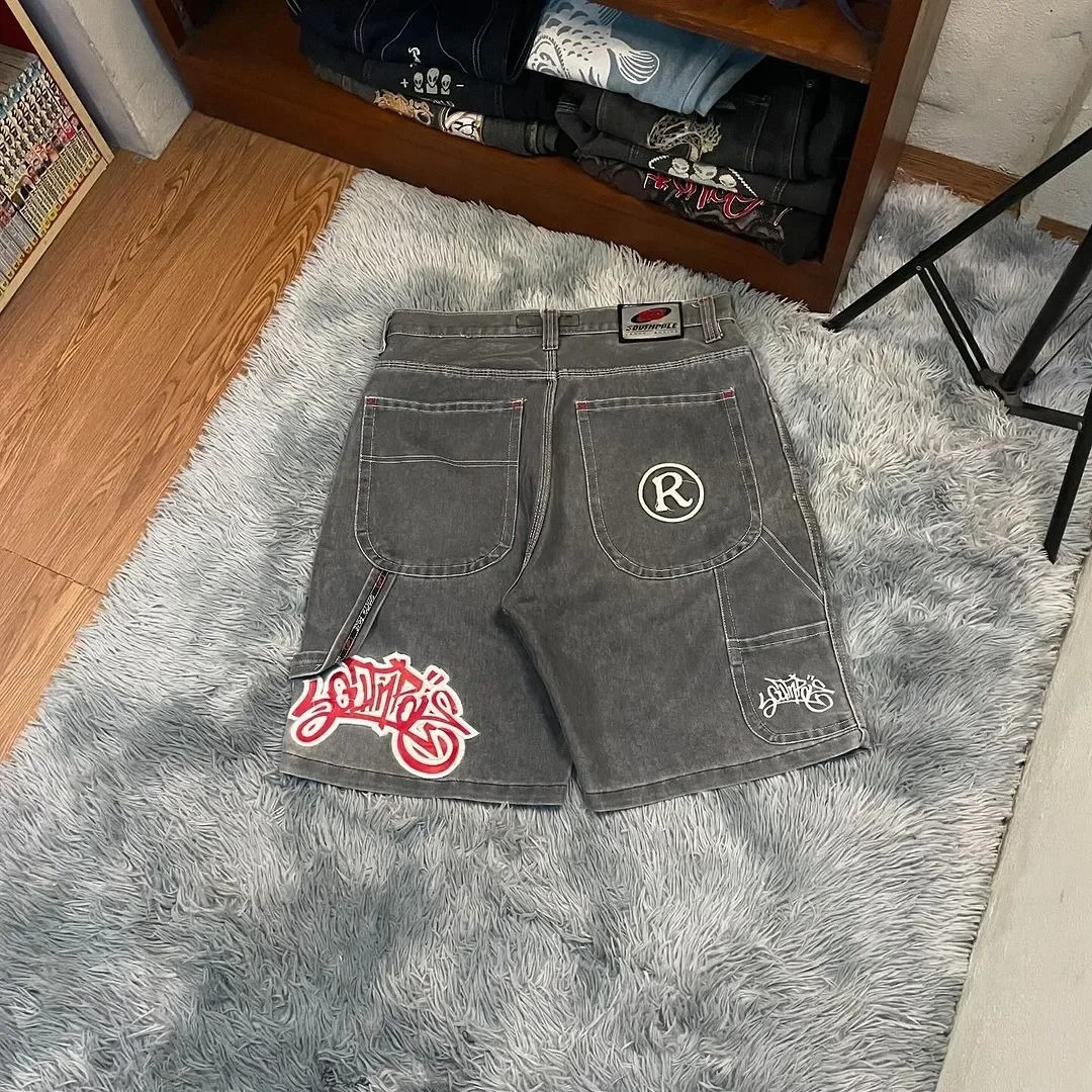 Y2k retro trend letter embroidery denim shorts black backpack gym summer hiphop mens basketball 240808