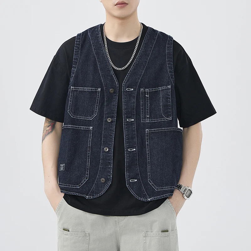 Cool 100 cotton denim American workwear vest mens outdoor camping spring and autumn jacket 24ss Y2k retro city boy 240807