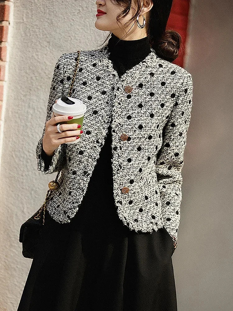 Korean style fashion coarse woolen womens jacket retro classic elegant V-neck short jacket womens high street autumn winter trend240807