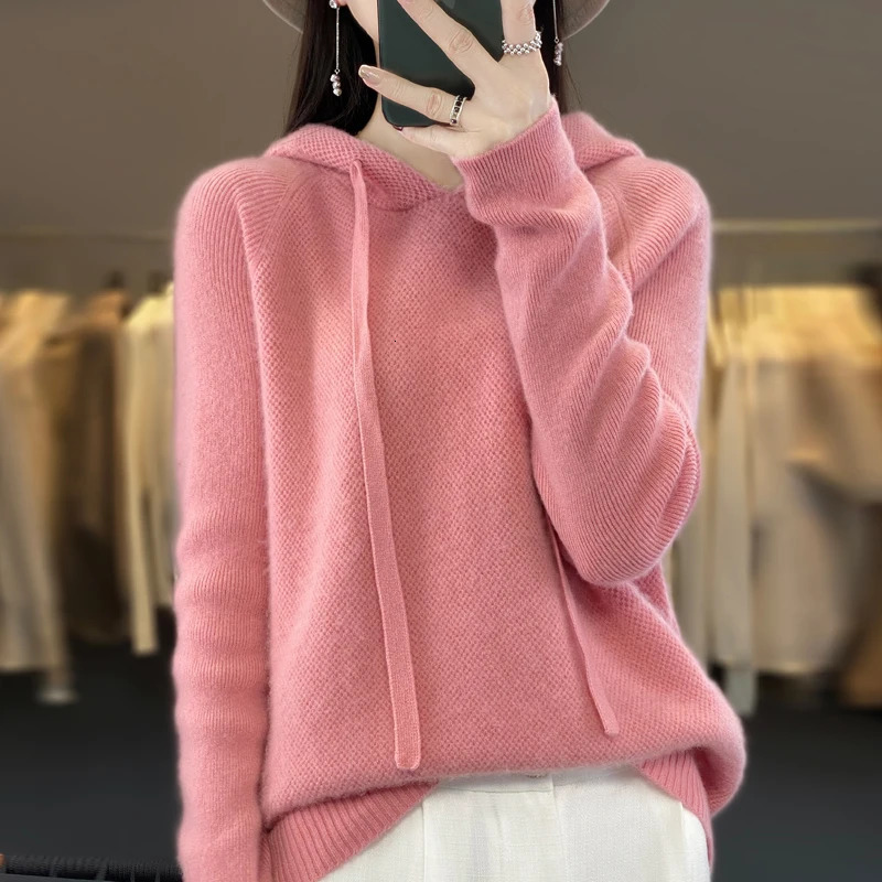 Pure Wool Hooded Sweater Women Solid Color Long Sleeve Top Autumn Winter Fashion In Knit Female Warm Loose Pullover Jumper 240808