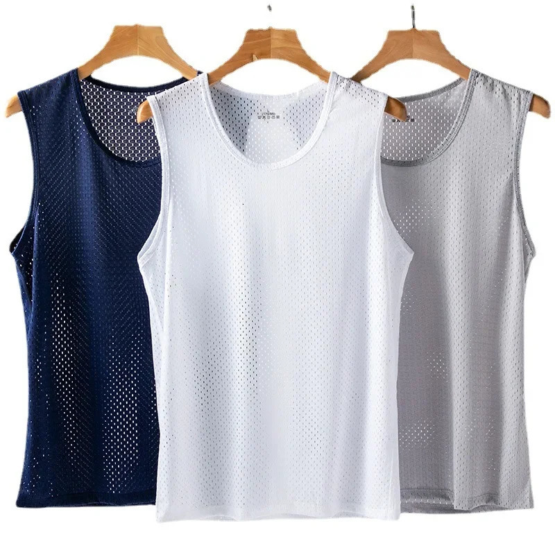 Mens top ice silk vest quick drying mesh breathable sleeveless Tshirt 2023 summer cool beach travel tank 240807