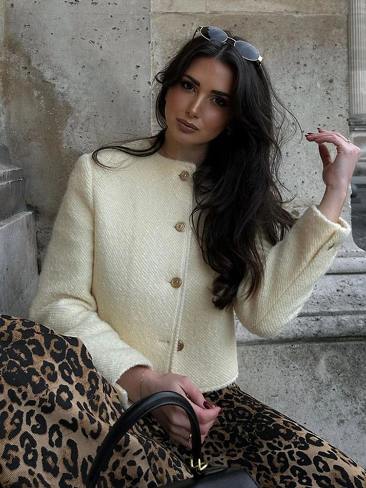 Autumn elegant coarse woolen jacket womens retro wool single breasted O-neck long sleeved short sleeved street jacket casual womens clothing240807