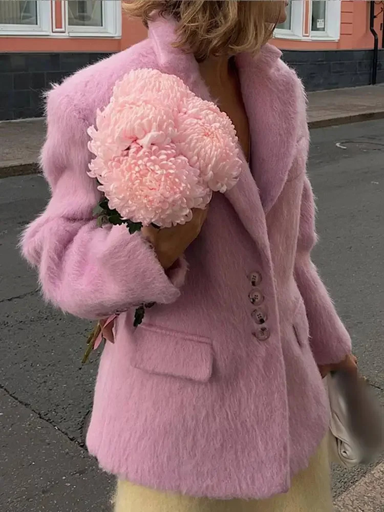 Fashion Pink Lapel Long Sleeve Blazer Jacket Warm Thick Single Breasted Loose Outwear Office Lady Commute Streetwear 240903