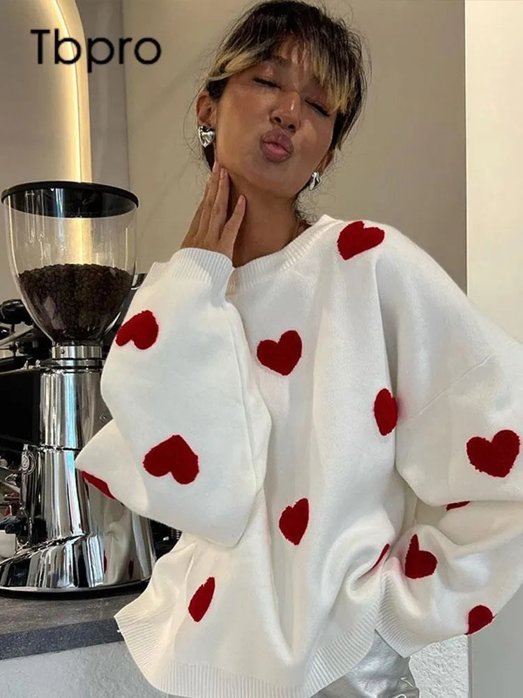 Femmes surdimensionnées Amour Heart O Noun tricot Sweater Lady Fashion épaissie des pulls à manches longues Prillets à manches longues Jumper de