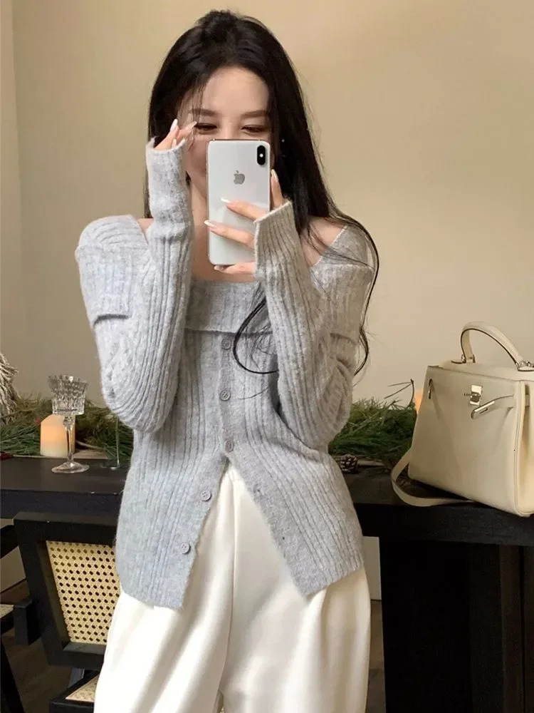 Coréen gris épaules dénudées pull en tricot femmes vieux argent Style à manches longues maillots Y2K Gyaru Slash cou basique pull hauts 240808