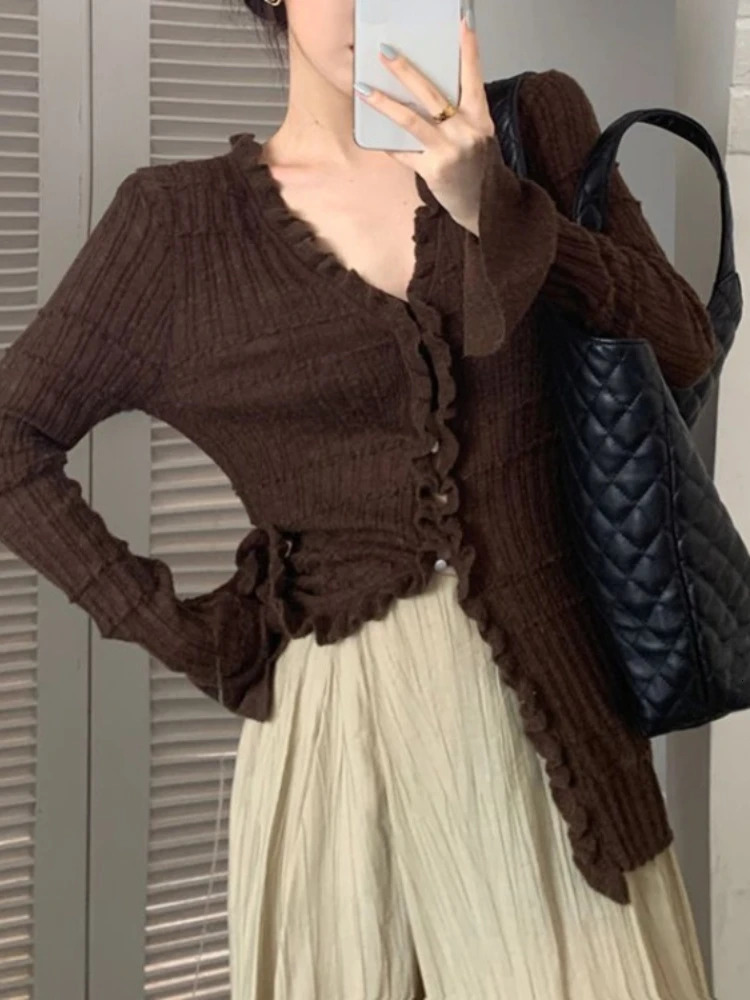 Korean Vintage Ruffles V Neck Knitted Cardigan Mujer Japanese Slim Bottoming Simple Y2k Coats Streetwear Grunge Women Sweaters 240808
